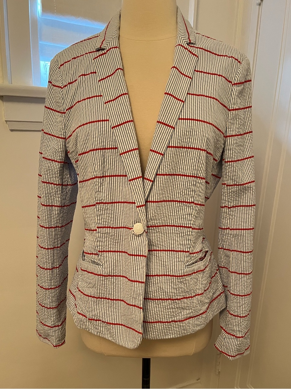 Brooks Brothers blue and white with red striped seersucker blazer